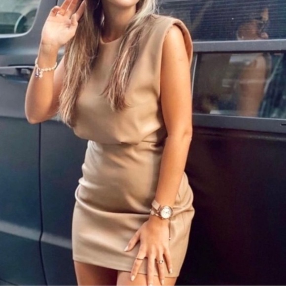 ZARA Faux Leather Padded Shoulder Mini Dress Womens Brown Sleeveless Size Large - Picture 6 of 15